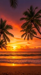 Breathtaking sunset over a tranquil beach with palm trees swaying in the gentle breeze, vibrant colors