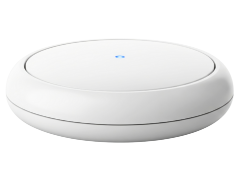 Modern white minimalist electronic device with a blue LED light on a transparent background