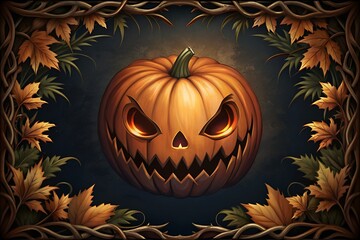 Spooky jack o lantern halloween pumpkin surrounded by autumn leaves and twigs