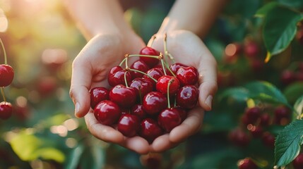 Close-up of a person's hands holding fresh ripe red cherries in an orchard during golden hour sunlight, emphasizing the natural fruit harvest and vibrant summer harvest scenes