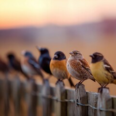 Close-up of a row of colorful small songbirds perched on a weathered wooden fence at sunset with a blurred outdoor background