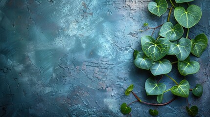 Heart-shaped leaves of a climbing plant against a textured blue background.