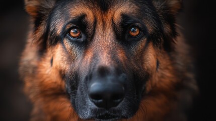Close-up of a German Shepherd dog's face showcasing expressive amber eyes and detailed fur highlighting the breed's noble and alert appearance