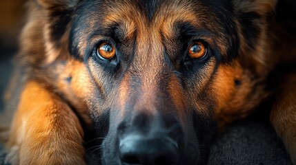 Close-up of a German Shepherd dog with warm amber eyes, detailed fur, and a focused expression, resting on a dark textured surface