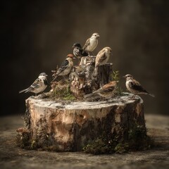 Group of sparrows perched on a weathered tree stump with moss and small plants, dark blurred background, natural outdoor setting, detailed textured bark, peaceful bird gathering scene