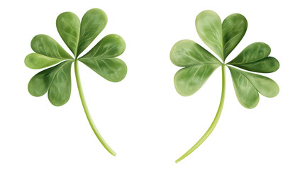 Obraz premium Two lush green four-leaf clovers with detailed textures. symbolizing luck and prosperity. set against a clean white background. ideal for nature-themed designs or wellness concepts