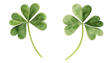 Two lush green four-leaf clovers with detailed textures. symbolizing luck and prosperity. set against a clean white background. ideal for nature-themed designs or wellness concepts