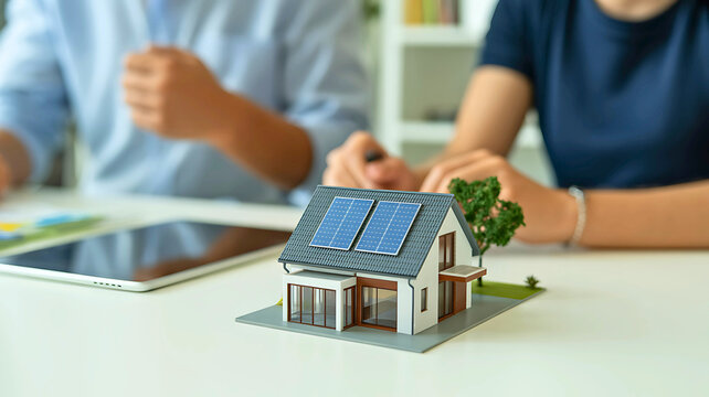 Couple planning home renovation with solar panels and tablet