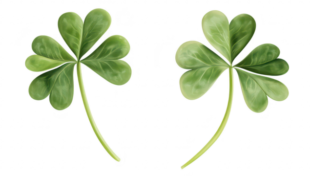 Two lush green four-leaf clovers with detailed textures. symbolizing luck and prosperity. set against a clean white background. ideal for nature-themed designs or wellness concepts