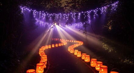 A winding path of jackolanterns lit with eerie light lined with purple lights