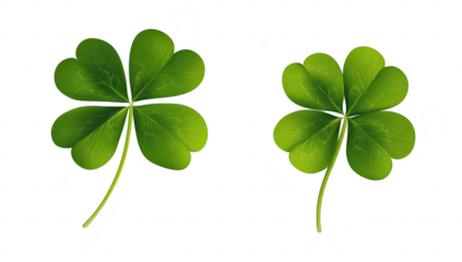 Two green four-leaf clovers displayed on a clean white background. symbolizing luck and prosperity. suitable for nature-themed designs or St Patricks Day celebrations