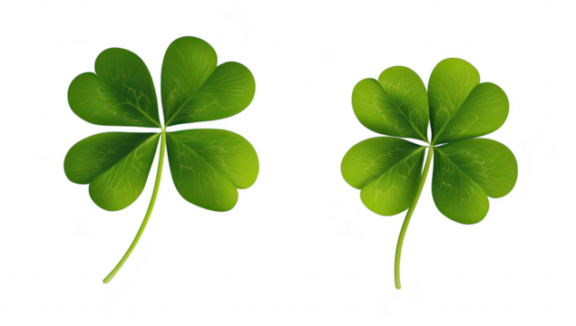 Two green four-leaf clovers displayed on a clean white background. symbolizing luck and prosperity. suitable for nature-themed designs or St Patricks Day celebrations