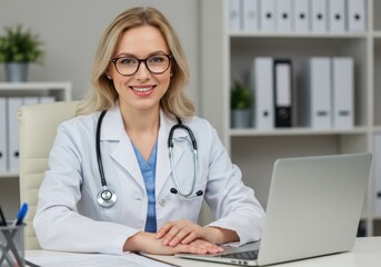Smiling female doctor wearing glasses and stethoscope sitting at desk with laptop in modern office