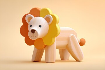 Minimalist wooden lion toy on beige surface, encourages toddlers' pretend play and supports early childhood educational growth.