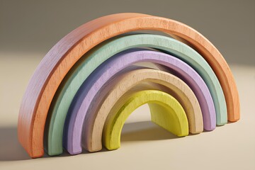 Fototapeta premium Smooth pastel rainbow stacker toy made from natural wood, arranged neatly to inspire creativity and sensory learning for young children.