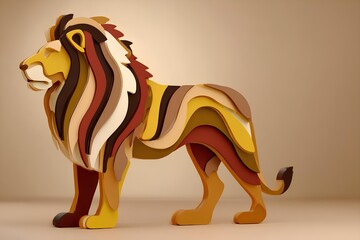 Wooden children's toy lion figure, crafted from layered wood in vibrant colors, showcasing intricate design and playful aesthetics, perfect for imaginative play and decor