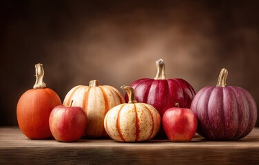 Autumn harvest of pumpkins and apples on a rustic backdrop