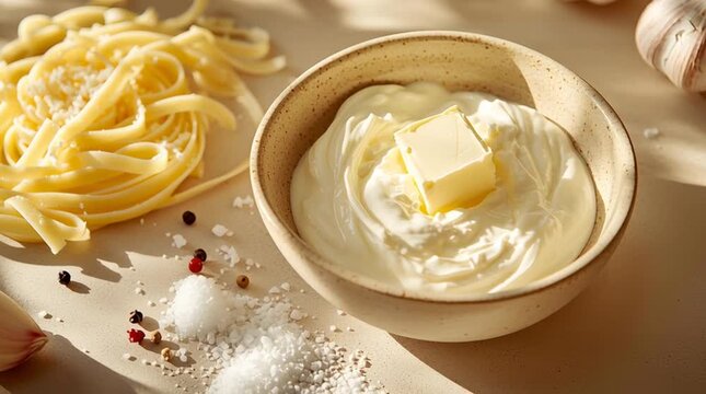 Creamy mayonnaise butter bowl garlic salt pepper pasta rustic kitchen creamy sauce with butter pasta garlic salt pepper rustic bowl soft light cozy