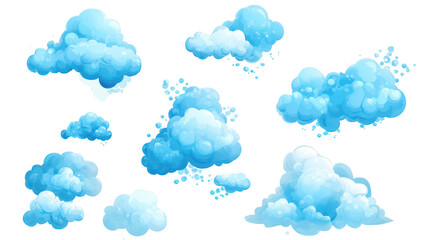 A collection of fluffy. light blue clouds scattered against a white background. ideal for use in digital designs. illustrations. or as decorative elements in various projects