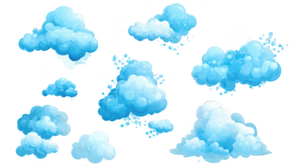 A collection of fluffy. light blue clouds scattered against a white background. ideal for use in digital designs. illustrations. or as decorative elements in various projects