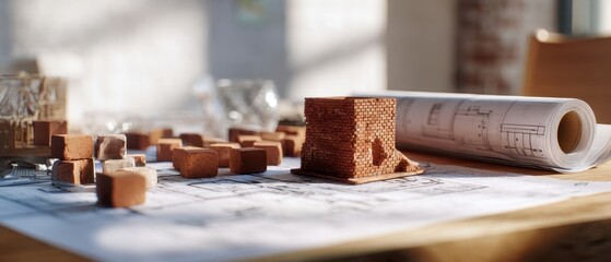 The Architectural Model and Blueprints on a Sunlit Design Workspace Table