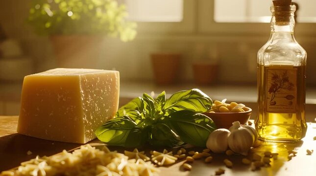 Golden olive oil parmesan basil garlic pine nut pasta rustic kitchen sunlight, fresh Italian ingredient herb cheese clove seed bowl highlights grated