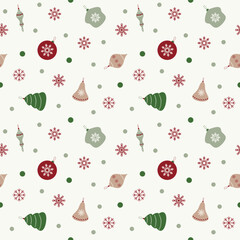 Winter Christmas seamless pattern with Christmas tree toys and snowflakes, flat design, vector. Festive background template for design, decoration, fabric, wrapping paper. Christmas elements 