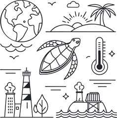 Boldly illustrate environmental awareness with this striking icon set representing climate change, rising sea levels, and conservation efforts