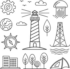 Coastal icons collection, beacon of hope, sustainable energy, nature exploration, travel adventures, and exploration in simple line art style design
