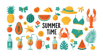 Summer time fun with bright beach elements like fruits, drinks, and sea creatures, perfect for seasonal designs and vacation vibes, offering a tropical summer