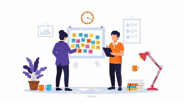 Flat vector of two colleagues brainstorming ideas and writing tasks on sticky notes isolated on white background business