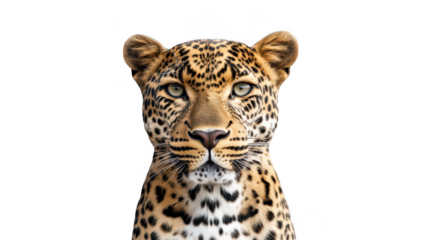 A close-up portrait of a majestic leopard its striking features and intricate fur patterns against a clean white background. ideal for wildlife photography or educational materials