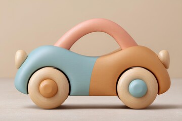Wooden children's toy car in soft pastel colors, featuring rounded shapes and smooth textures, designed for imaginative play and early motor skill development