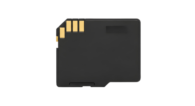 A simple black digital memory card with metallic gold contacts, a plain object for data storage isolated on a clean white background with no shadow, logo, or text