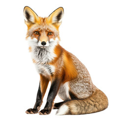 Obraz premium A realistic depiction of a sitting red fox with orange fur and expressive eyes. its natural beauty against a plain white background. ideal for wildlife photography or educational use
