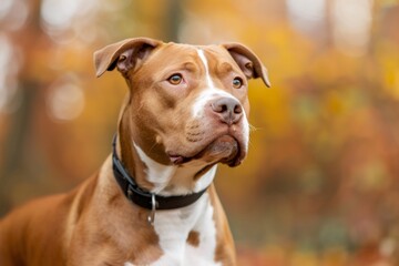 Pitbull type dog observing during colorful autumn