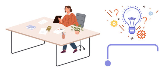 Professional woman using a tablet at a desk with books, plant, and papers. Nearby, a glowing lightbulb forms a creativity concept. Ideal for productivity, innovation, teamwork, solutions planning