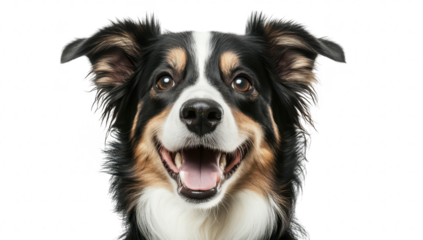 A cheerful. smiling dog with a glossy coat and bright eyes. captured in a close-up portrait against a clean white background. its playful personality and charm