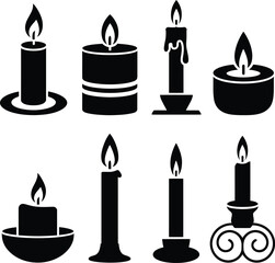 Collection of Candle Icons Various Styles and Designs in Black Silhouette