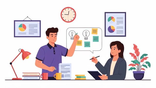 Flat vector of two colleagues brainstorming ideas in the office, using sticky notes on a whiteboard, isolated on white background business
