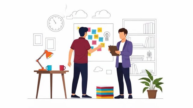 Flat vector of business team brainstorming ideas on sticky notes isolated on white background, planning and collaborating on project business