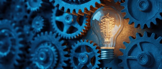 The Lightbulb Among Blue Gears Symbolizing Innovation And Mechanical Thinking