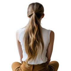 Obraz premium A woman with long. flowing hair. seated in a relaxed pose. dressed in casual attire. against a plain white background. conveying a sense of calm and introspection. ideal for wellness or lifestyle them