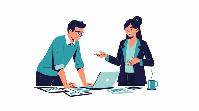 Flat vector of two business people are standing at a table discussing ideas isolated on white background brainstorming concept business