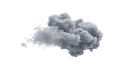 A realistic depiction of a gray smoke cloud billowing against a white background. suggesting a dramatic atmosphere. useful for creative projects. illustrations. or visual effects