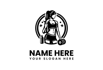Athletic Woman with Dumbbell and Water Bottle in Fitness Logo Design.