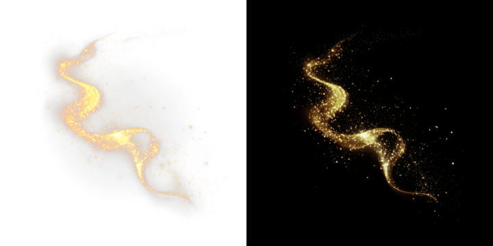 A captivating golden light swirl effect PNG overlay, featuring sparkling dust elements with a transparent background