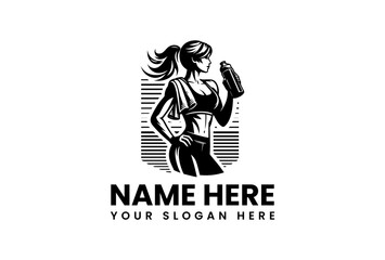 Athletic Woman with Ponytail Holding Water Bottle Fitness Logo Design.