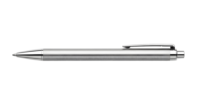 Sleek silver metallic ballpoint pen with a retractable tip isolated on a clean white background for business or educational concepts