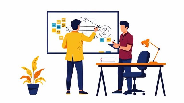 Flat vector of two colleagues discussing ideas on a whiteboard isolated on white background man drawing on board and man taking notes business